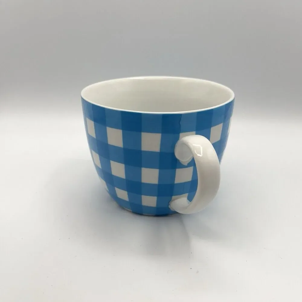 Crate & Barrel Coffee Mug Cup Gingham Plaid Blue White